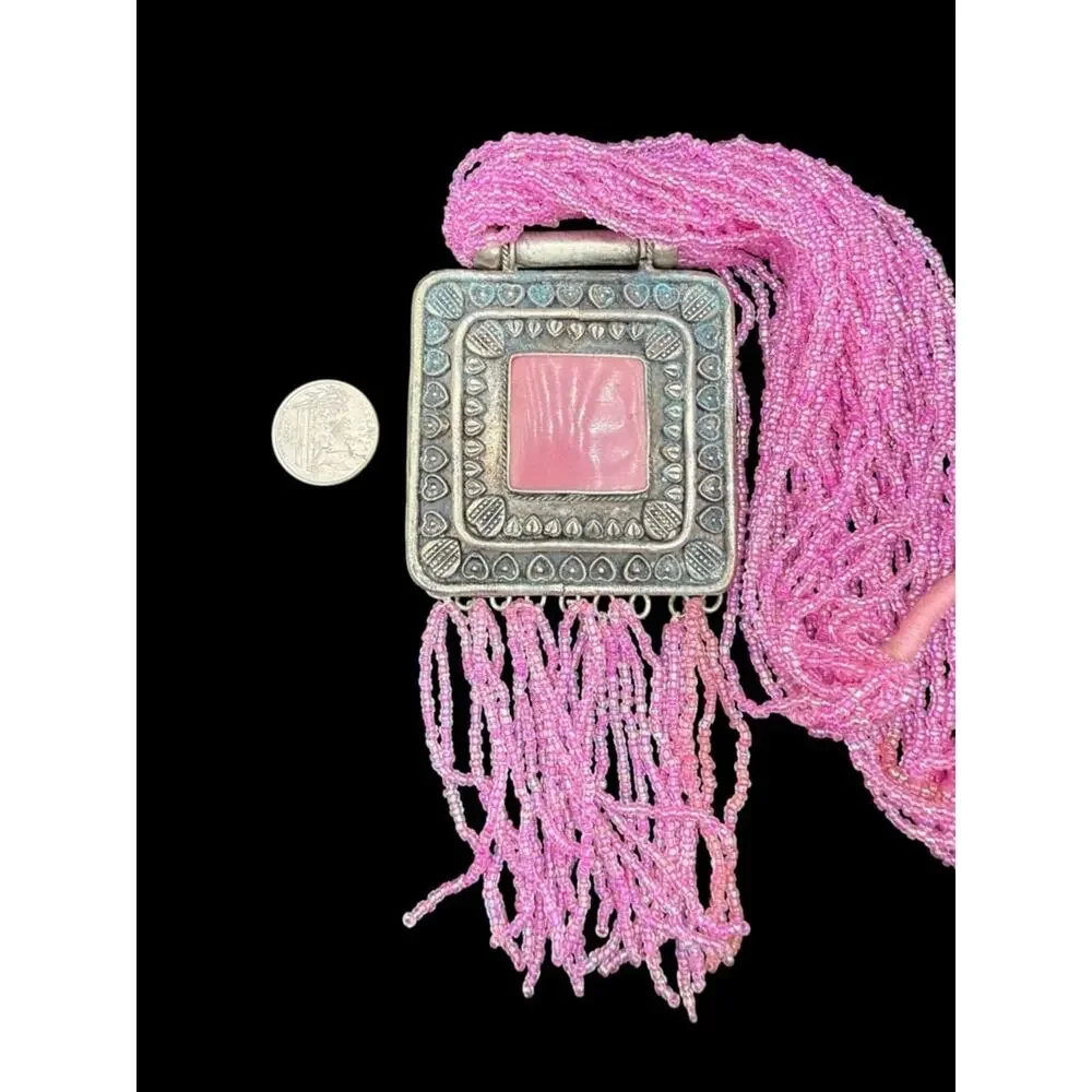 Handmade Pink Multi-Strand Beaded Necklace with Ornate Square Pendant